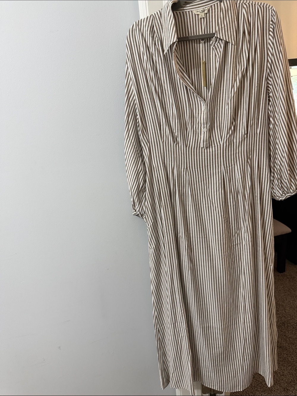 Max Studio Striped Collared Midi Dress in Beige and White